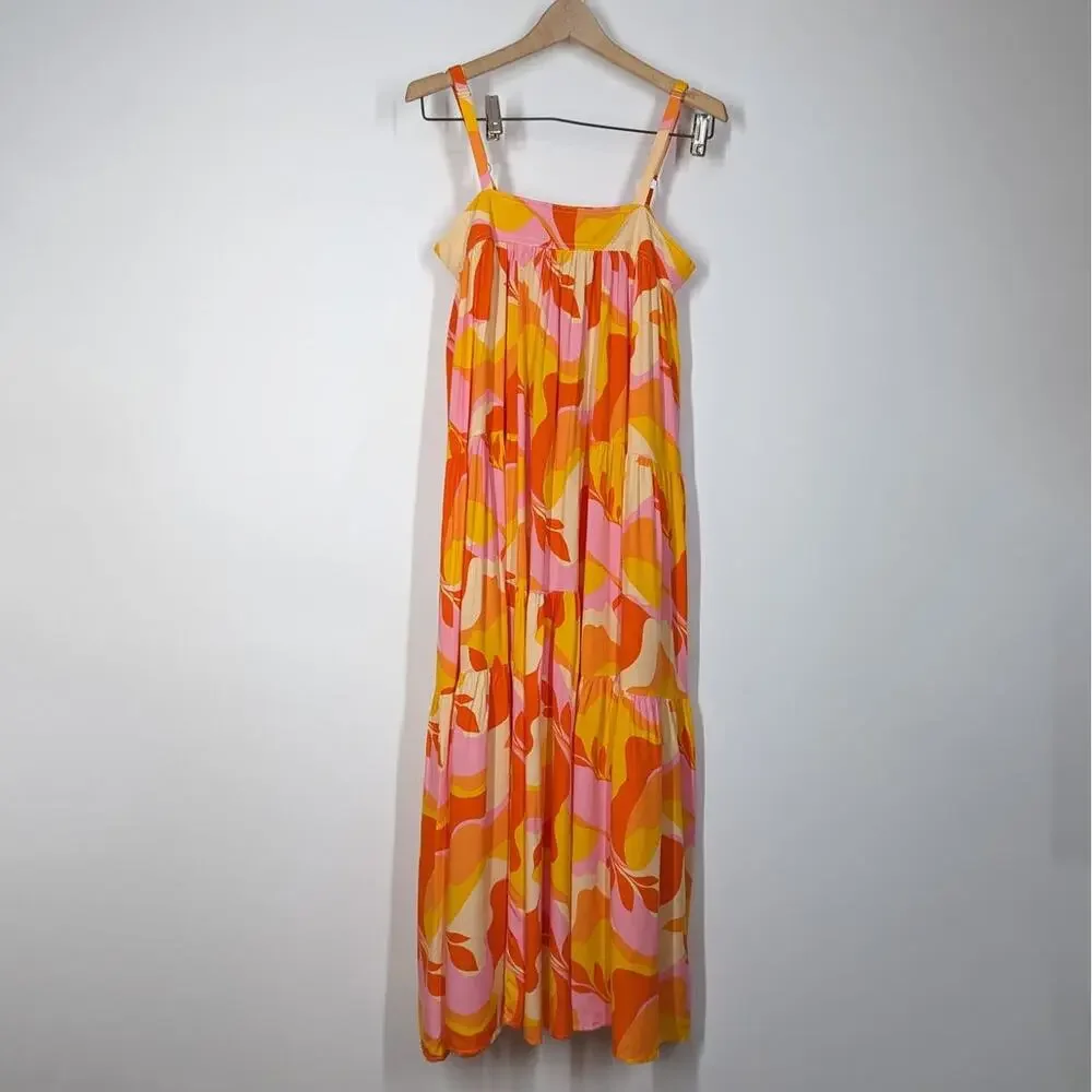 Abel The Label Orange Pink Boho Maxi Dress Trapeze Tiered Oversized XS NWT - Picture 3 of 11